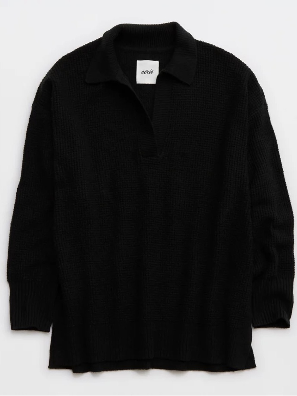 Aerie Women’s CozyUp Waffle Polo Sweater in black size small